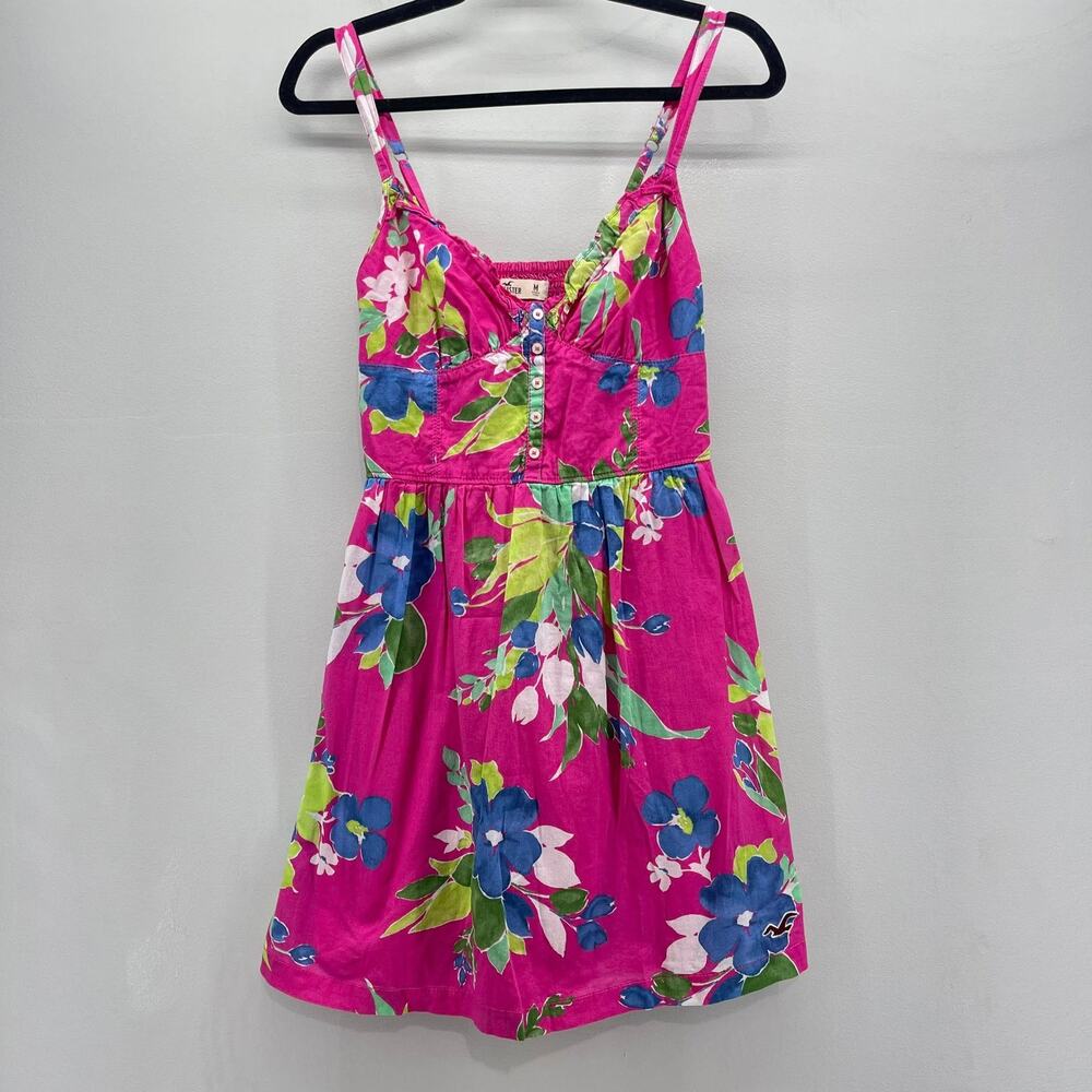 Y2K Hollister Mini Dress Juniors Medium Pink Tropical Floral‎ VNeck Spaghetti